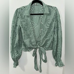NEW GUESS Small Crop Top Cover Up Green Hole Collar Top Balloon Sleeve Long Tie
